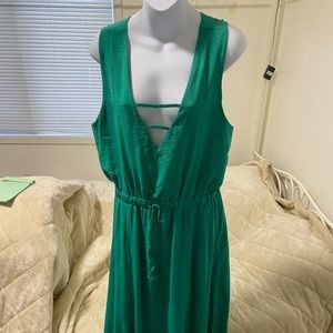 Emerald Green Plunge v-neck Cinch Waist Maxi Dress large